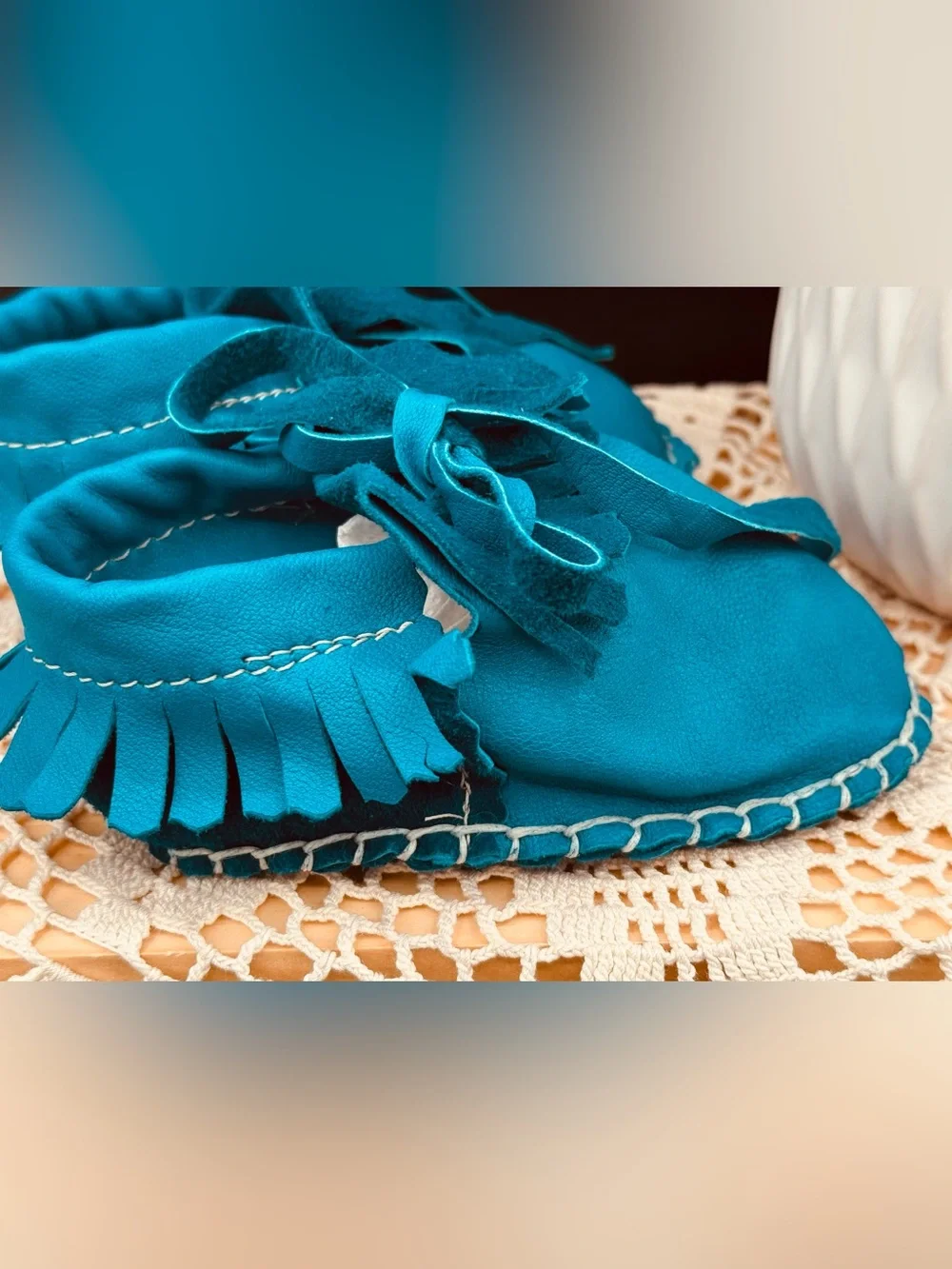 Turquoise Handmade Toddler Moccasins Butter Soft Buckskin Leather Fringe